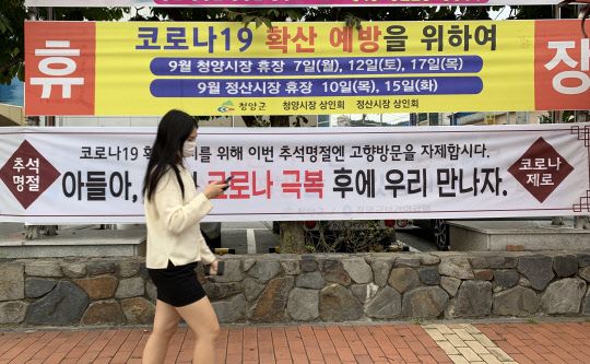 정부가 추석 연휴부터 한글날을 포함한 연휴 기간이 하반기 코로나19 방역에 최대 고비가 될 것이라고 강조하는 가운데 16일 충남 청양군 거리에 고향 방문을 자제해 달라는 내용의 현수막이 걸려있다. [청양군 제공]